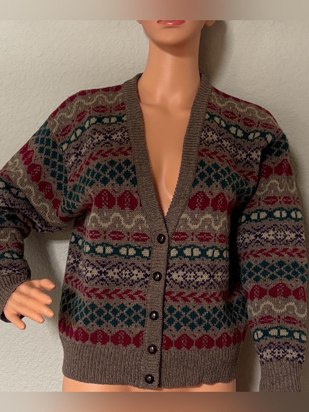 Charter Club Petite Women L 100% Wool Fair Isle Cardigan Vintage Hong Kong